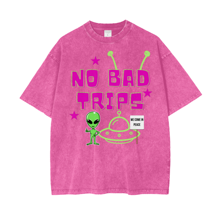 'No Bad Trips' Pink Acid Washed Oversized T-Shirt