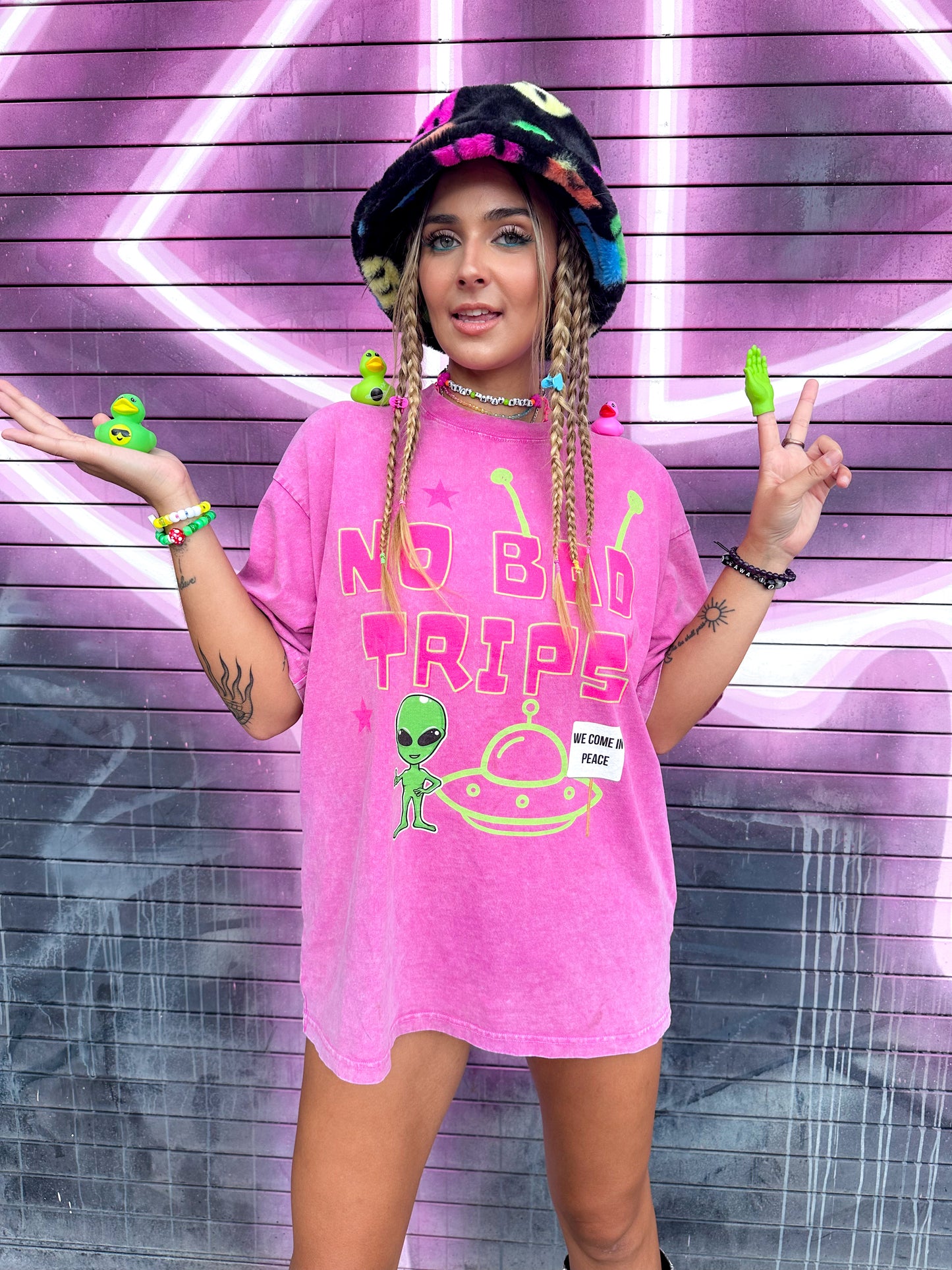 'No Bad Trips' Pink Acid Washed Oversized T-Shirt