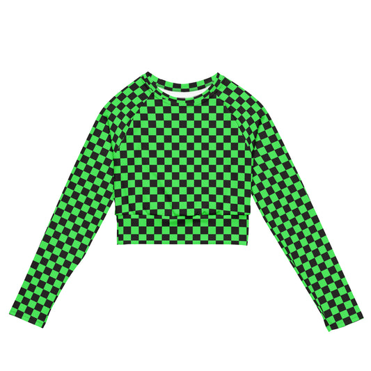 Green & Black Checkered Long Sleeve Crop Top